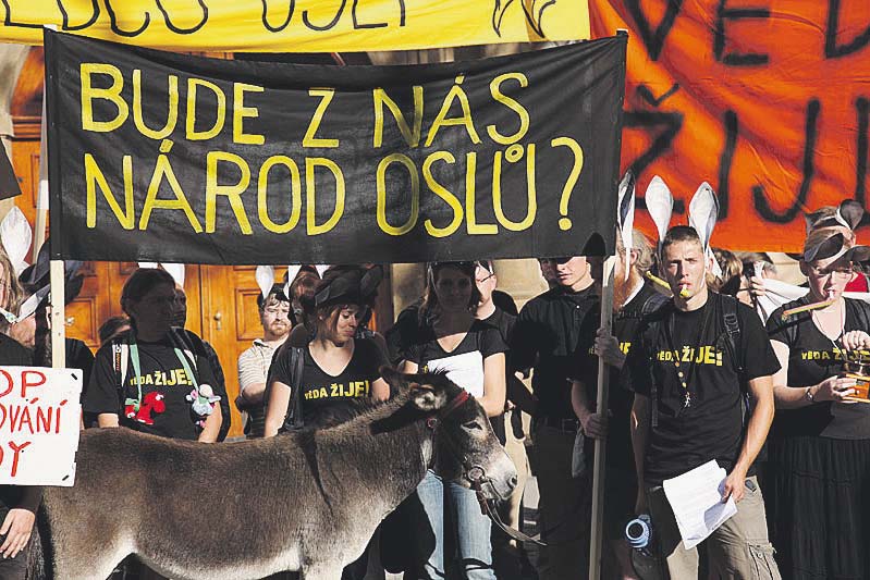 Oslí uši se nasadili loni v září účastníci demonstrace před Rudolfinem, kteří vystoupili proti snižování prostředků určených na financování vědy.